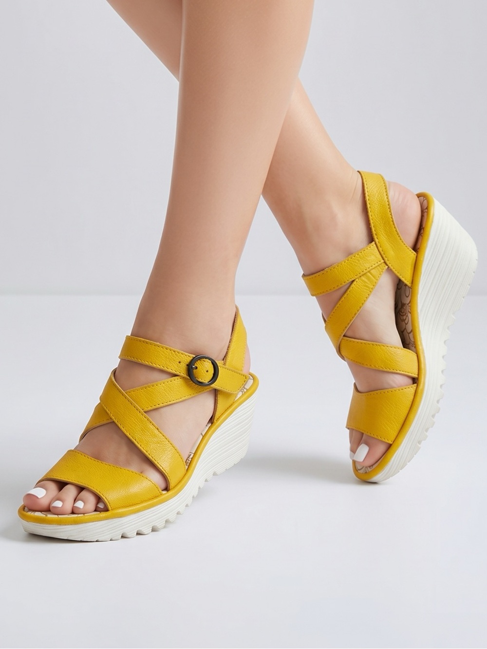 Fly London yellow leather straps wedge heels sz 8.5 (39)